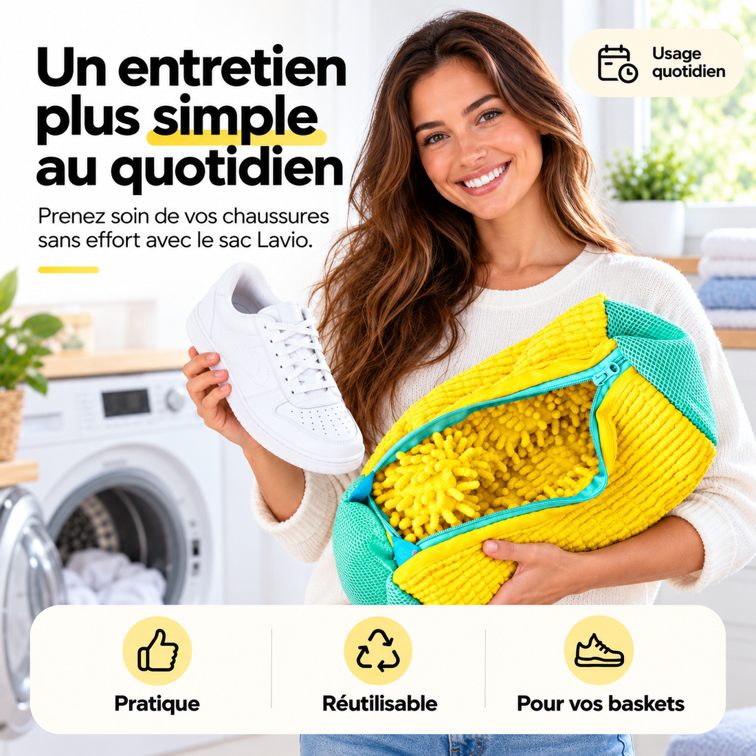 Femme tenant le sac de lavage Lavio et une basket blanche